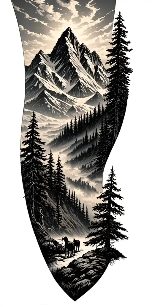 A Detailed Mountain Landscape With A Hidden Hunting Scene Incorporated Within The Design