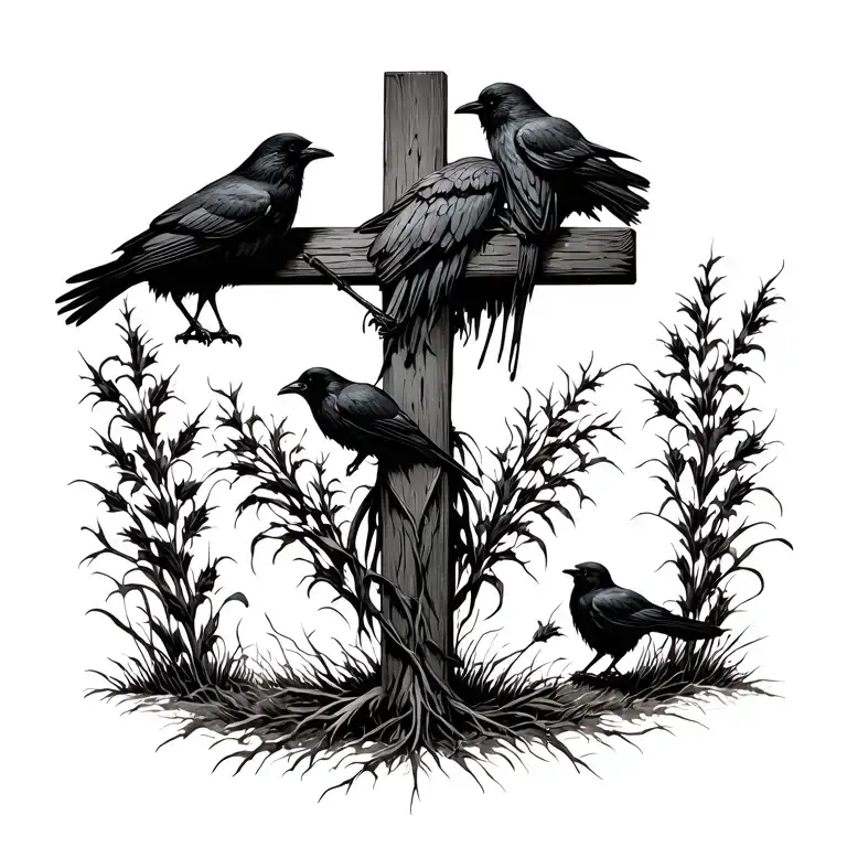 Old Scare Crow Perched On A Cross Surrounded By Wilted Crops And Crows