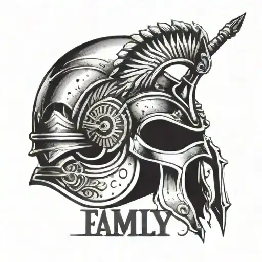 Gladiator Helmet With A Bloodied Sword And The Word 'Family' Intertwined In The Design