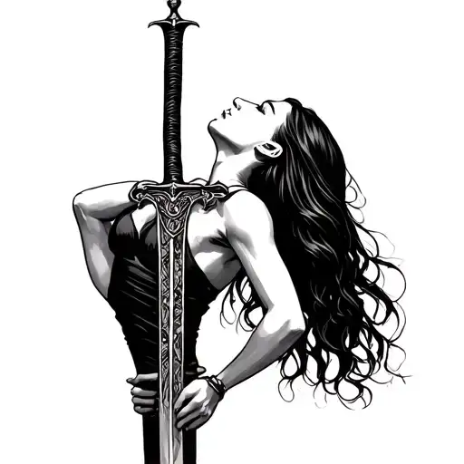 A Lady Leaning Backwards With An Upright Sword Piercing Through Her Neck Upwards