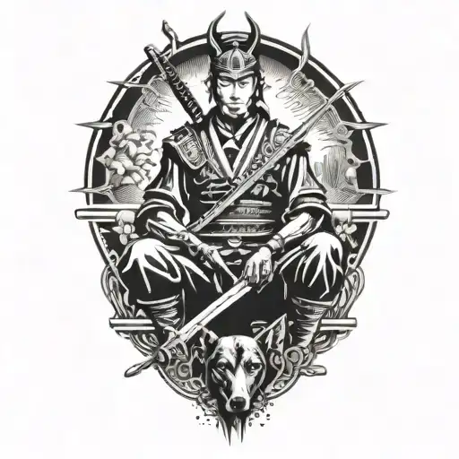 Samurai With A Doberman Sitting Next To Him