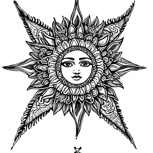 Sun Tattoo On Leg With Mandala Artwork