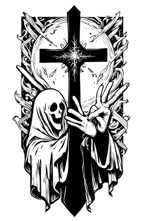 A Ghost Holding Cross And Peace Sign