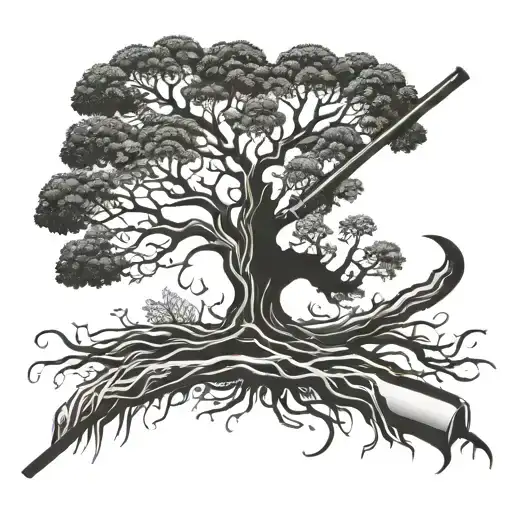 A Field Hockey Stick Morphing Into A Majestic Tree With Intricate Roots