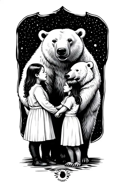A Father Holding Hands With 2 Daughters With Er Polarbear Wathing Over Then