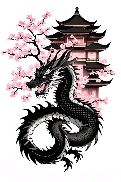 Dragon And Cherry Blossom Tree With Temple In Background