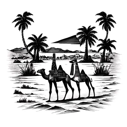 Egypt God Tattoo With Camels And Palm Trees In The Back Ground