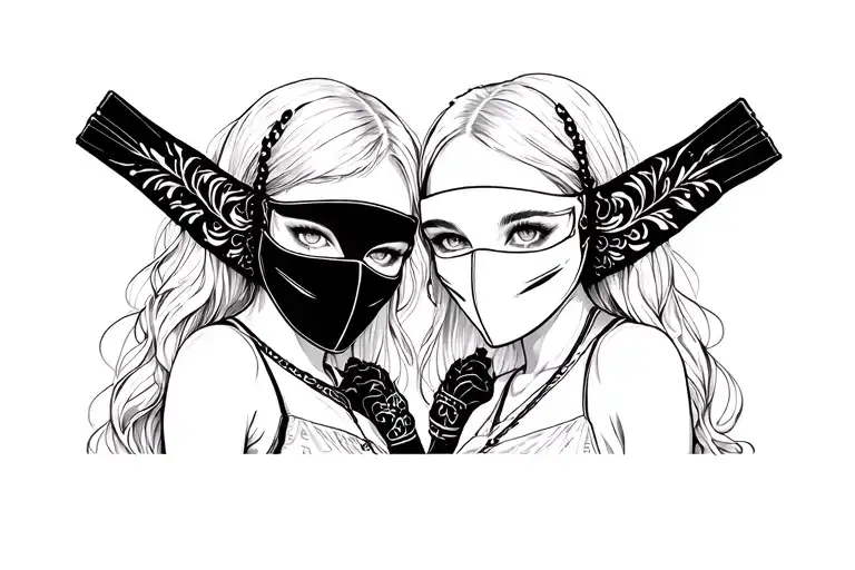 Two Girls In Masks Crossed Katans