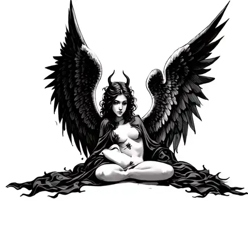 A Fallen Angel With Angel Wings And Devil Wings