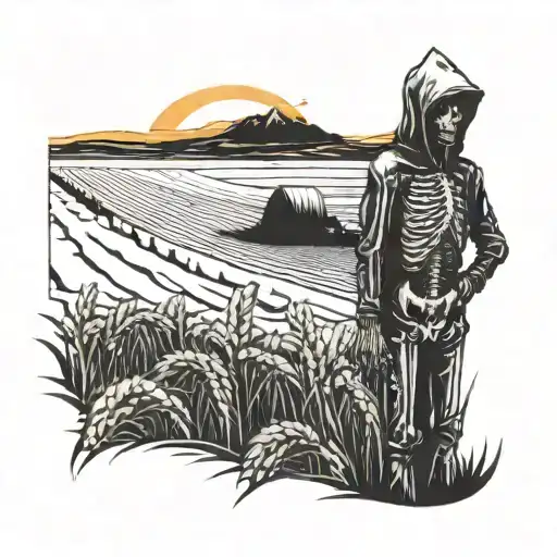 Skeleton Wearing Hoodie With Hood Down And Field Of Wheat With Sunset And Combine In Background