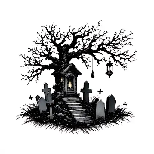 Graveyard With Tree And Hanging Lantern