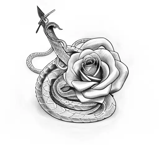 Snake Coiling A Sword With Roses