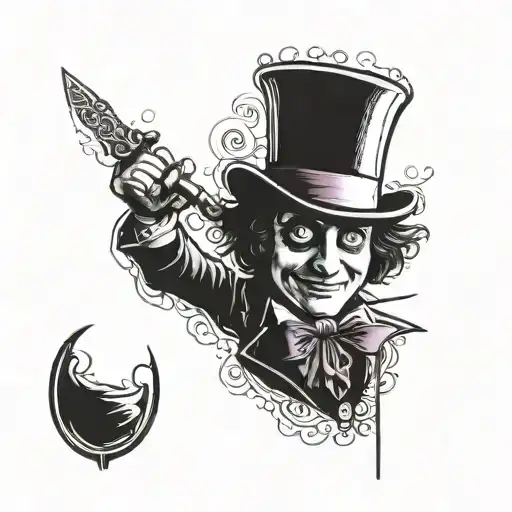 A Creepy Willy Wonka Holding A Knife In A Blackwork Style