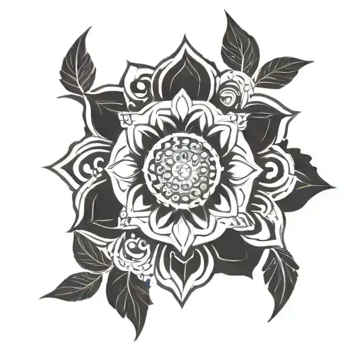 Tribal Marigold Flower With Aztec Calendar Behind It