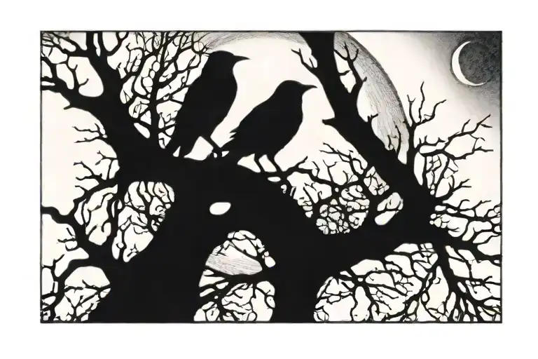 4 Black Crows Seat Thorn Tree Forearm With Moon And Little Cross