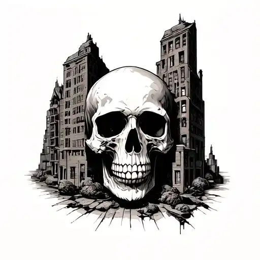 Buildings And A Skull Inside