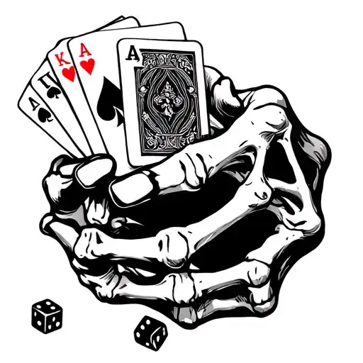 Skeleton Hand On The Fingers With Playing Cards And Dice On Top Of The Hand