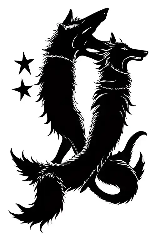 Two Wolves Circling Around Eachother With A Star And Cresent Moon