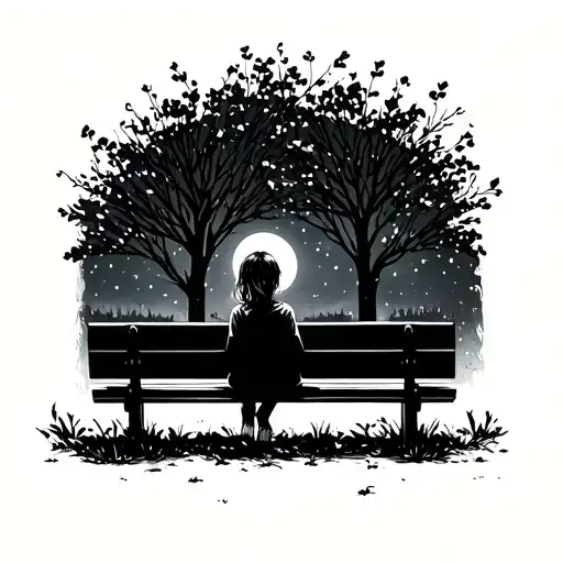 Girl Sitting On A Bench In A Night On A Park View From Behind