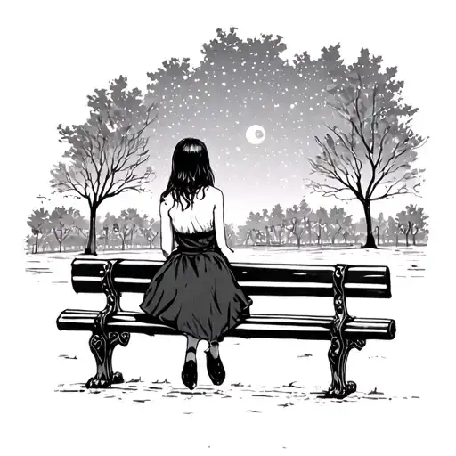 Girl Sitting On A Bench In A Night On A Park View From Behind