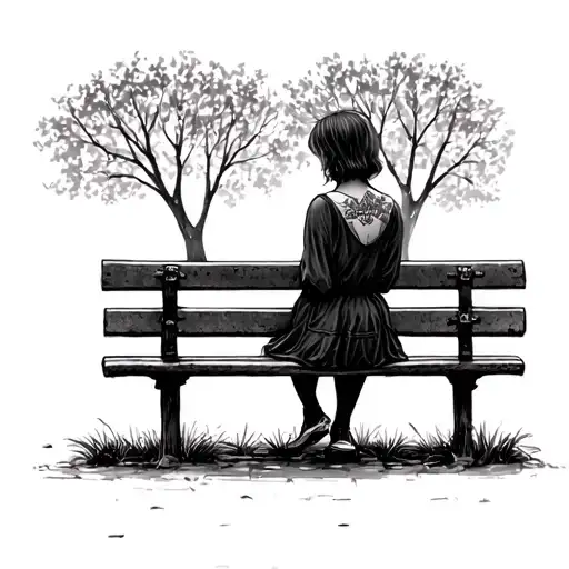 Girl Sitting On A Bench In A Night On A Park View From Behind