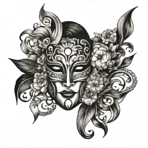A Tattoo Design Featuring A Dramatic Opera Mask Intertwined With Intricate Quilt Patterns