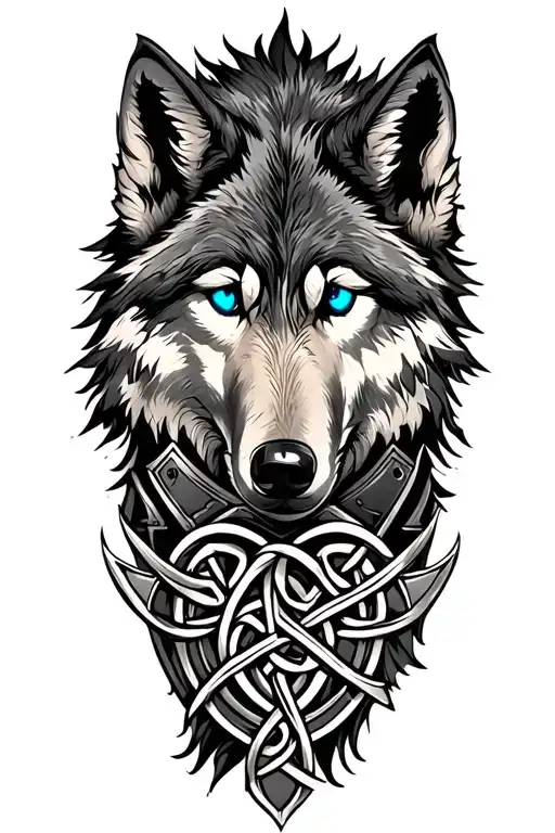 Wolf With Blue Eyes On Armor Tattoo Design Featuring Celtic Trinity Knot
