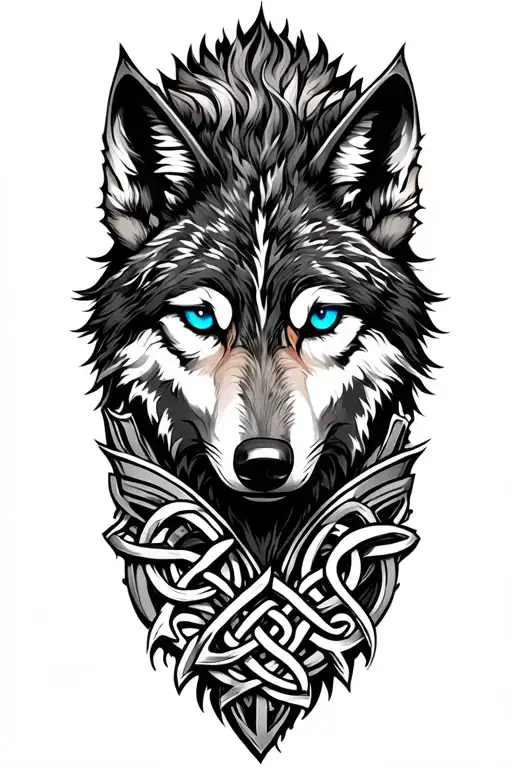 Wolf With Blue Eyes On Armor Tattoo Design Featuring Celtic Trinity Knot