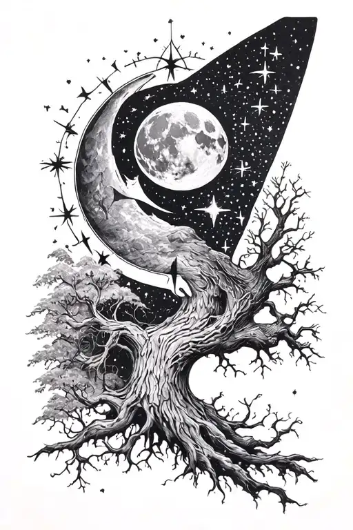 Vegvisir Yggdrasil Negative Space With Moon And Stars