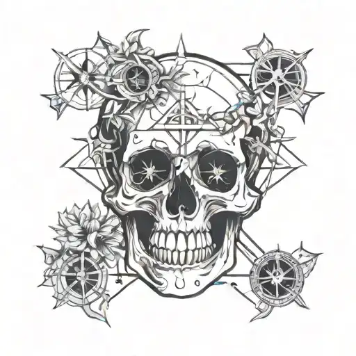 A Skull Adorned With Christian Symbols And Elements Of Time And Space In A Blackwork Style