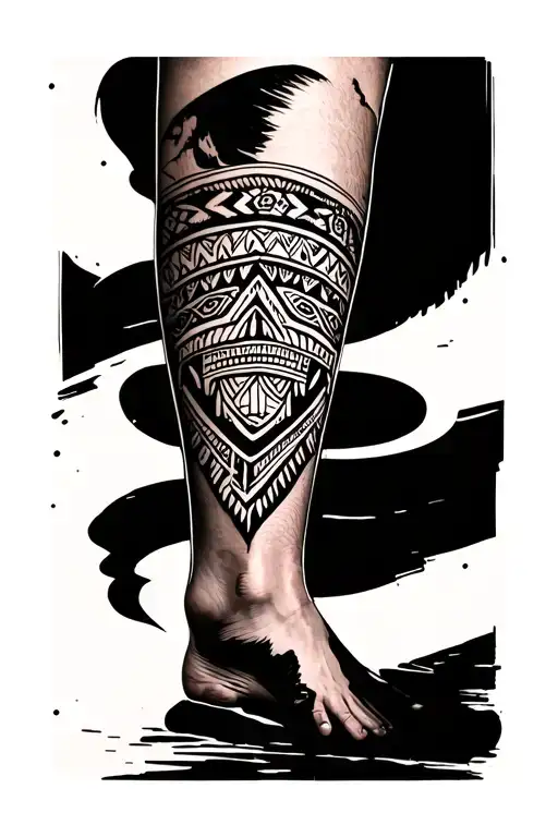 Black Out Leg Tattoo With Aztec Symbols