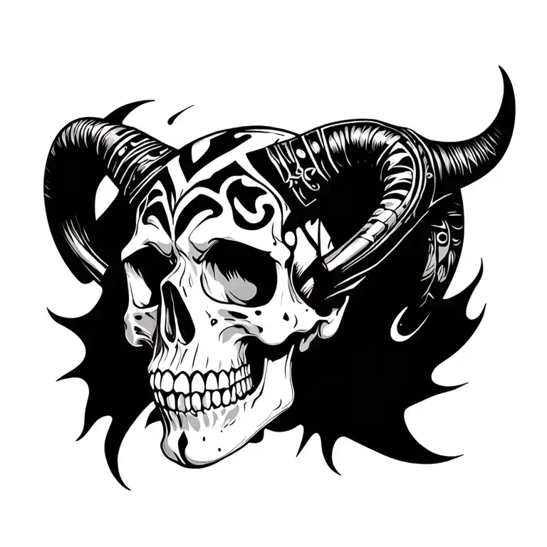 Skull With Horns And Tribal Inspired