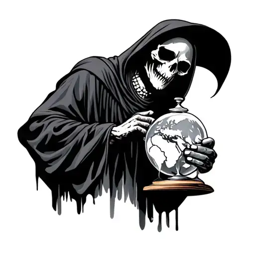 Grim Reaper Holding Hour Glass With The World Locked Up