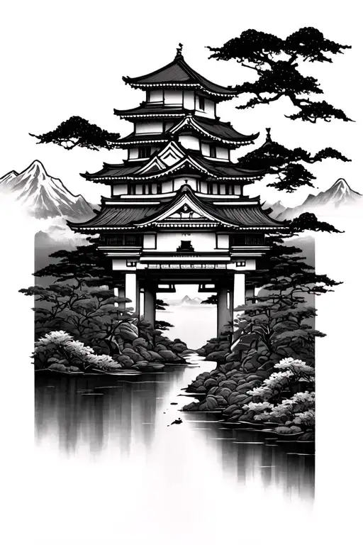 Tori Gates With A Japanese Castle Overlooking Mountains