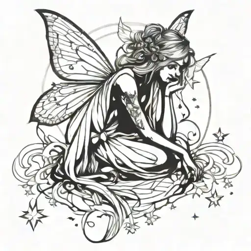 Fantasy Fairy Sitting Gazzing Up At Stars Shining