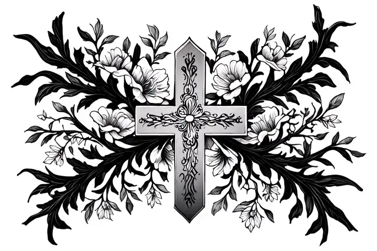 Cross Tattoo With Vines And Dainty Flowers