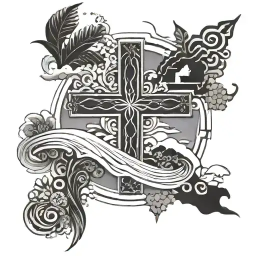 A Stylized Cross Design Incorporating Elements Of Azores Portugal Island Scenery