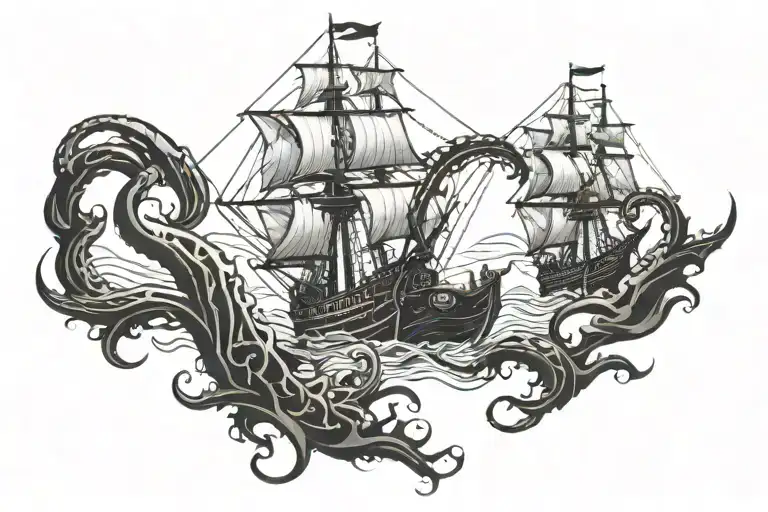Kraken Vs Pirate Ship In A Harbour Whilst A Sea Battle Happens