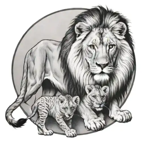 Lion And Cub Staring With Lioness
