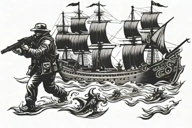 Big Boat Being Followed By Armed Gunman