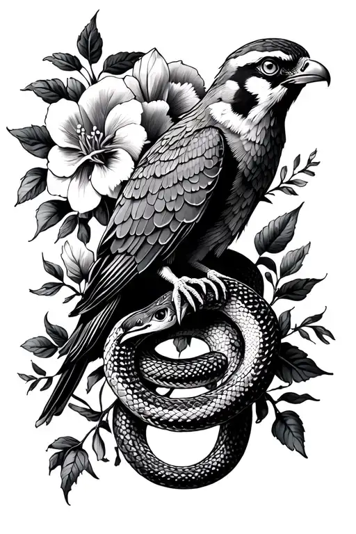 Peregrine With Snake And Flowers Intertwined