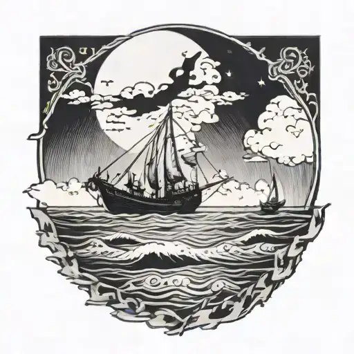 A Detailed Blackwork Tattoo Of A Fishing Boat Sailing Under A Full Moon