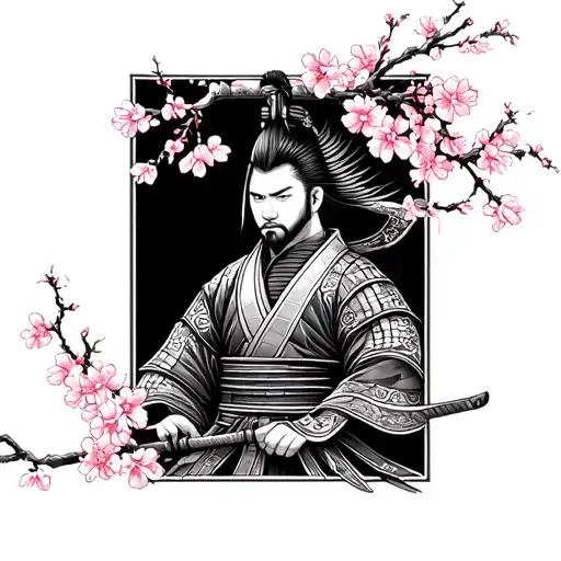 Samurai With Dojo And Cherry Blossom
