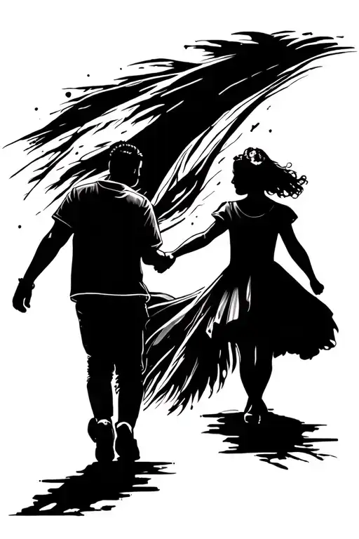 Silhouette Of A Father And Daughter Walking And Holding Hands