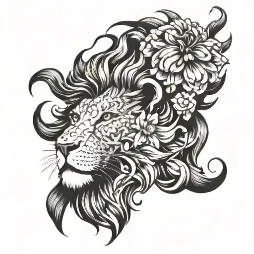 A Lion With A Mane Made Of Chrysanthemum And Larkspur Flowers