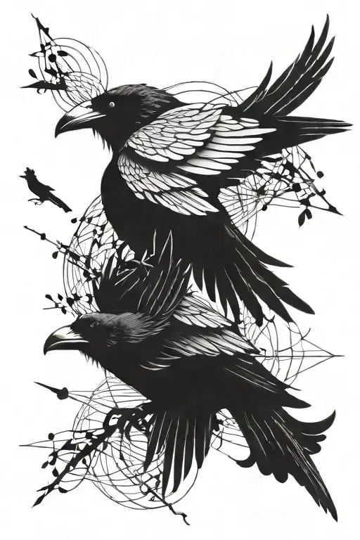 Crows Fly And Abstract Lines Wrap Around Them