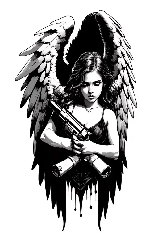 Fallen Angel With Wings Spread And Revolver Pistols Crossed