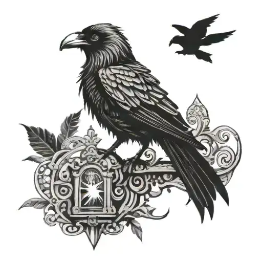 An Intricate Blackwork Tattoo Design Featuring A Raven And A Cat In A Surreal Art Gallery Setting
