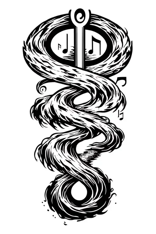 A Recovery Symbol Intertwined With Music Notes And A River Flowing Through It