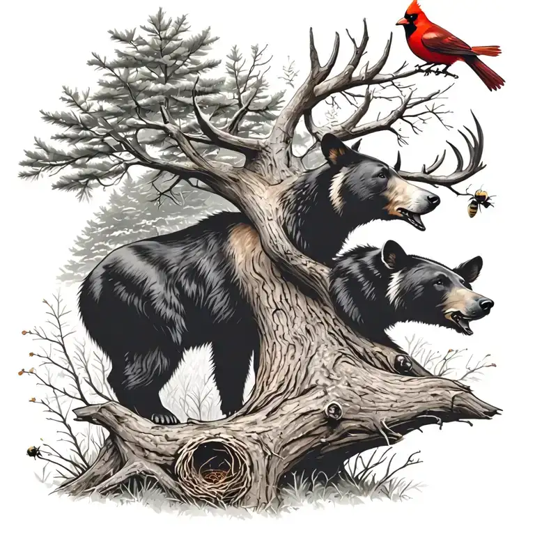 Buck Under Tree With One Black Bear Beehive And Cardinals